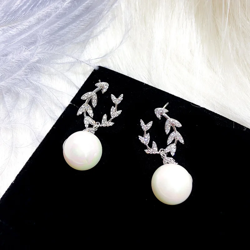 SWOUR New Fashion Jewelry 925 Silver Needle CZ Crystal Leaf Olive Branch Pearl Design Dangle Earrings For Women S433 | Украшения и