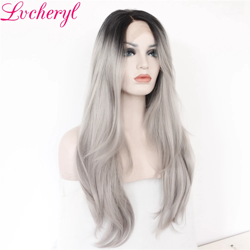 Lvcheryl Ombre Серый Глубокий L пробивая естественная длинная волна ручной вязки термостойкие синтетические кружева передние парики для женщин