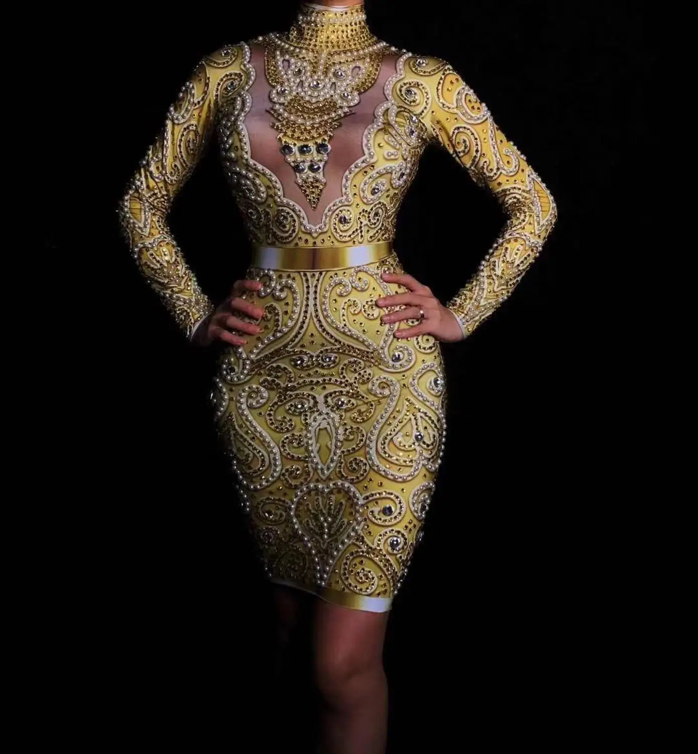 Dress A Женское сексуальное сценическое блестящее Золотое платье со стразами и жемчугом, вечерние платья для танцев, женское платье певицы, костюм на день рождения, празднование - Цвет: Dress A