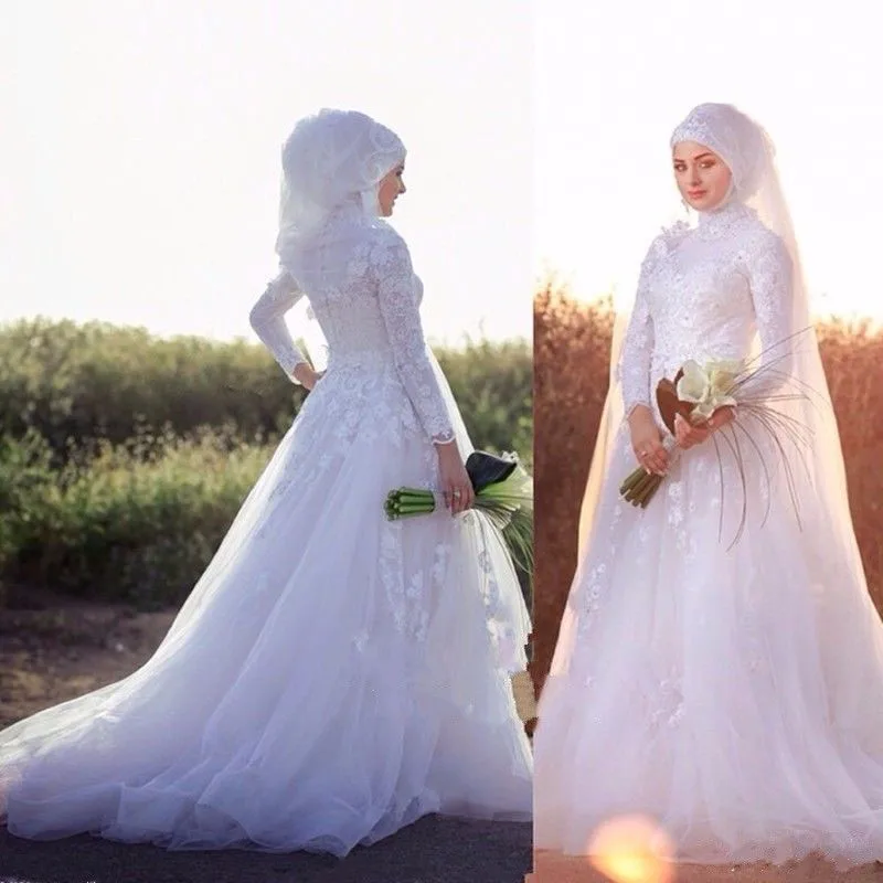 

vestito da sposa New Gorgeous Arabic Wedding Dress Dubai Long Sleeve High Neck Tulle Bride Dresses