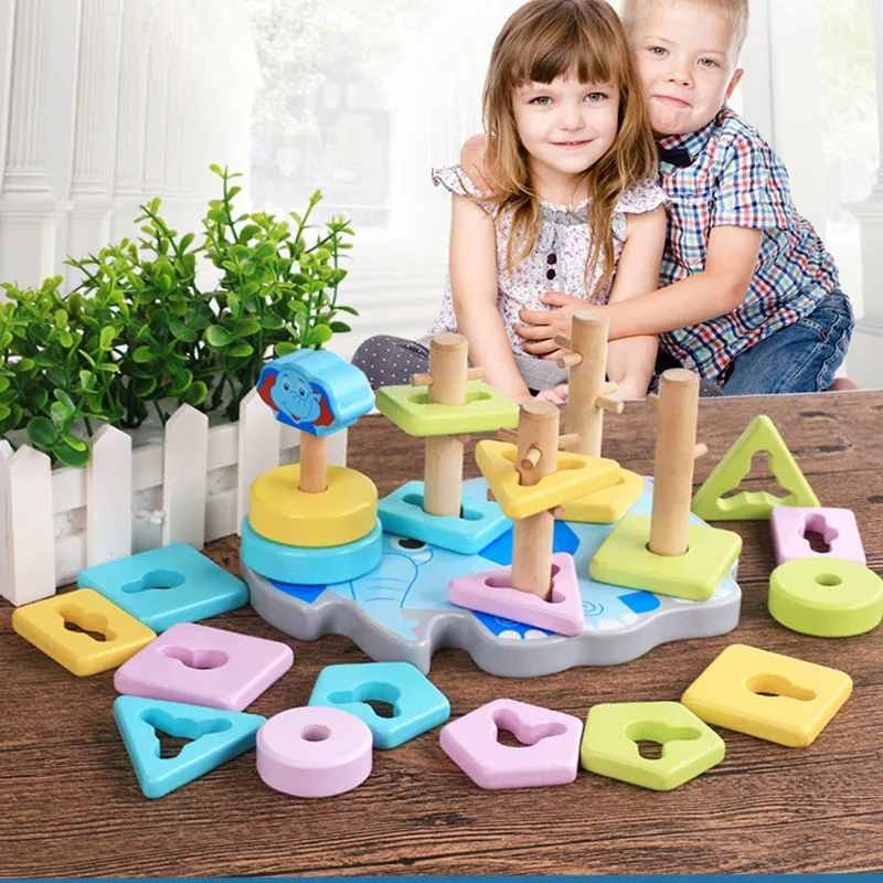 

children wooden geometric Sleeve column block toys/ Kids baby wood tower Hanoi for math educational toys, free shipping