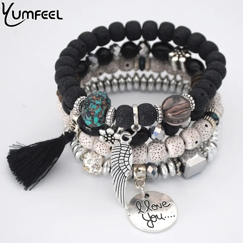 Yumfeel Винтаж смолы кристалл бисер кисточка браслет комплект в богемном стиле Шарм Браслеты ювелирные изделия ручной работы Для женщин Подарки 4 шт./компл