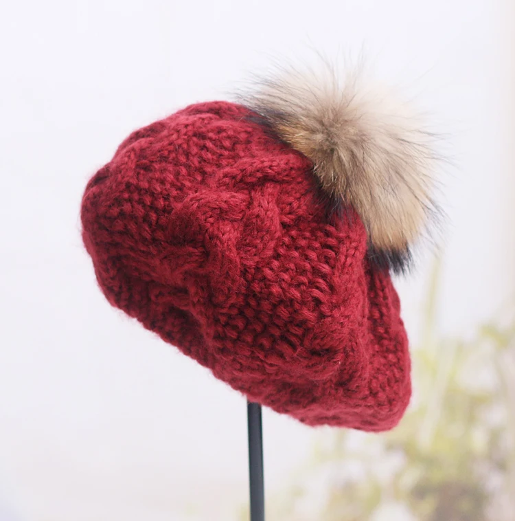 

Hair Ball Beret Winter Wool Hat Ladies Literary Cute Handmade Knit Hat
