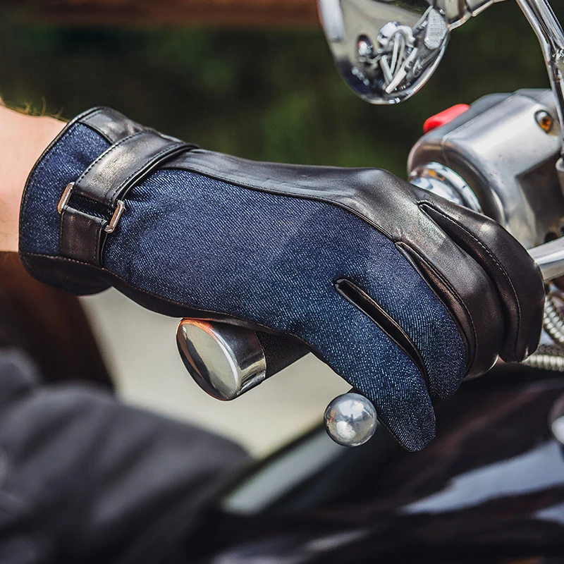 

Мужские перчатки BOOUNI из овечьей кожи, модные Лоскутные перчатки из натуральной кожи для вождения, однотонные зимние термоперчатки с пятью п...