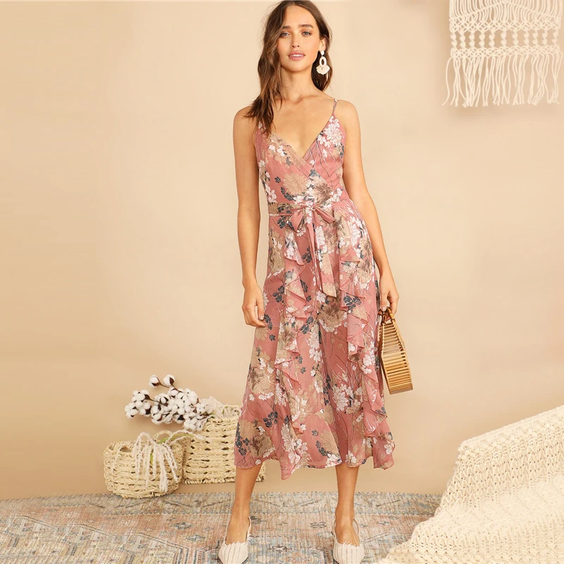 Шеин Boho Surplice Neck Botanical Ruffle Cami широкий комбинезон для женщин глубокий v-образный вырез без рукавов сексуальный комбинезон летний комбинезон