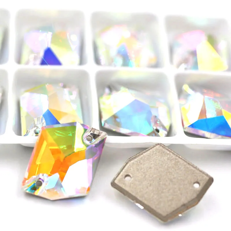 AB color Новинка, 13x17 мм, Шестигранная форма, мокко, двойное отверстие, стекло, кристалл, пришивные стразы с плоской задней стороной, для одежды, свадебные украшения - Цвет: AB color