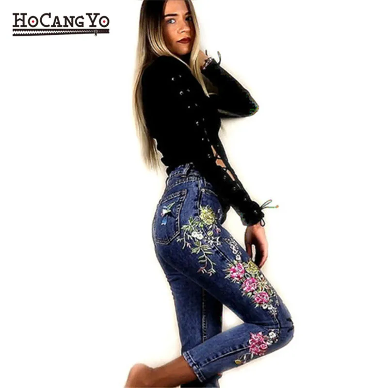 

HCYO Women Denim Jeans Pants Long Straight Cotton Denim Jeans Trousers Flowers Embroidery High Waist Jeans Leggings Plus Size