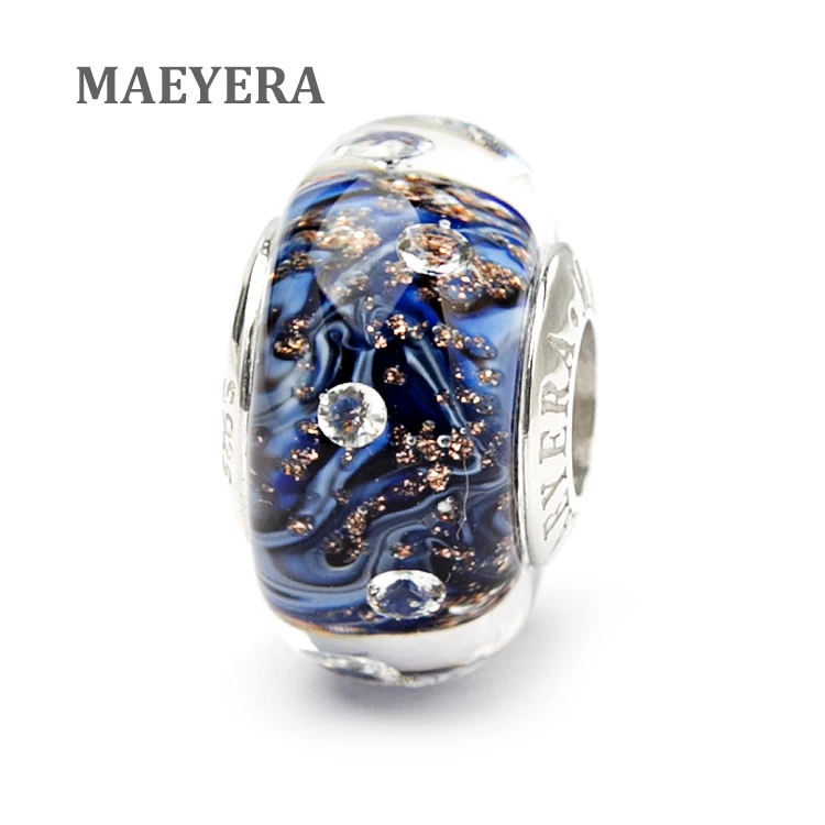 

MAEYERA ювелирные изделия Настоящий S925 сердечник Цирконий Синий Полуночное звездное небо бусины из муранского стекла очаровательный подарок ...