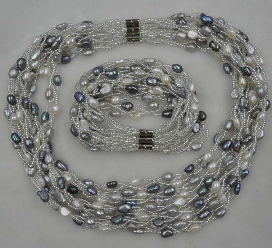 

wholesale 3lines white gray black mix freshwater pearl necklace bracelet sets