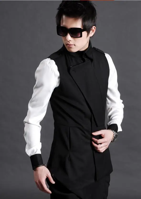 

Новинка 2016, мужская мода, нестандартный корейский стиль, длинный черный жилет, одежда для ночного клуба, одежда для певицы