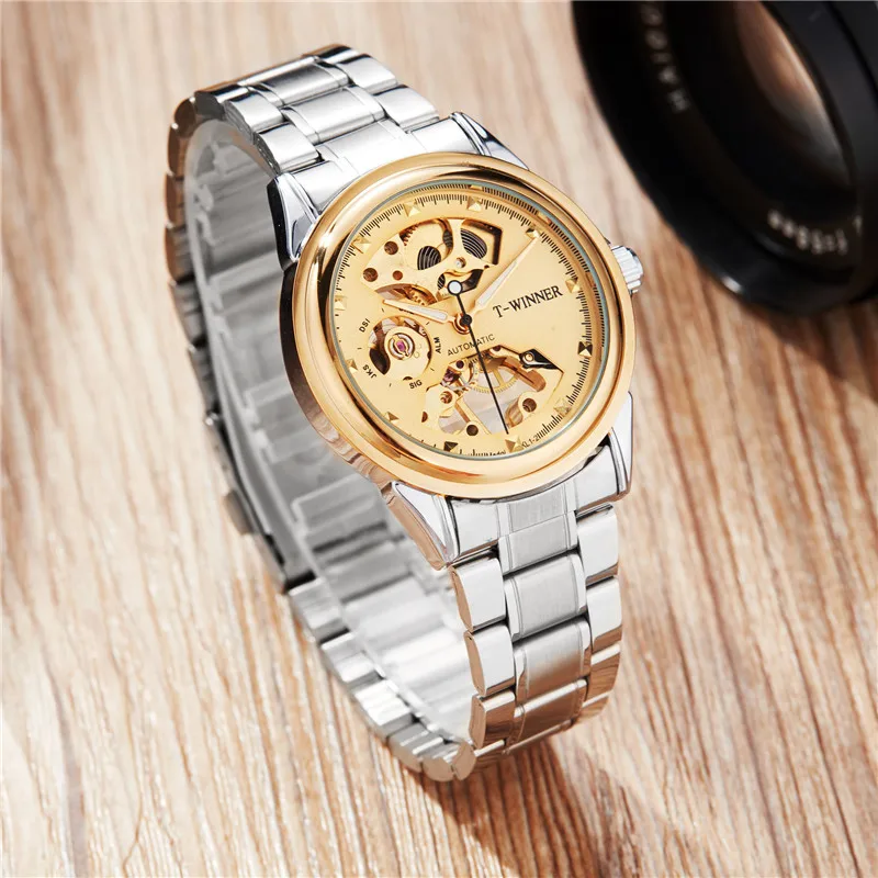 

Серебристые и золотистые механические наручные часы с ремешком из нержавеющей стали, Роскошные наручные часы со стразами и скелетом, подар...