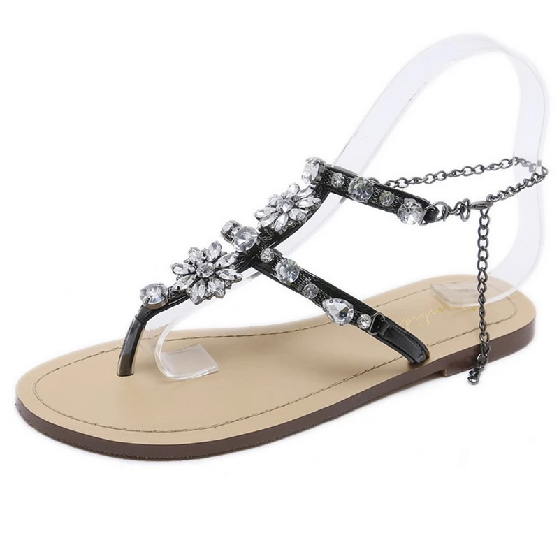 JIANBUDAN/ Для женщин сандалии без каблука Стразы цепи Thongs Гладиатор сандалии со стразами Большие размеры 35-46