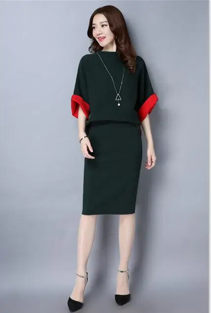 Dark green 3XL комплект юбки и свитера из двух предметов женский элегантный костюм с юбкой миди юбка+ пуловер вязаный комплект из 2 предметов Женский комплект с юбкой большого размера - Цвет: Dark green