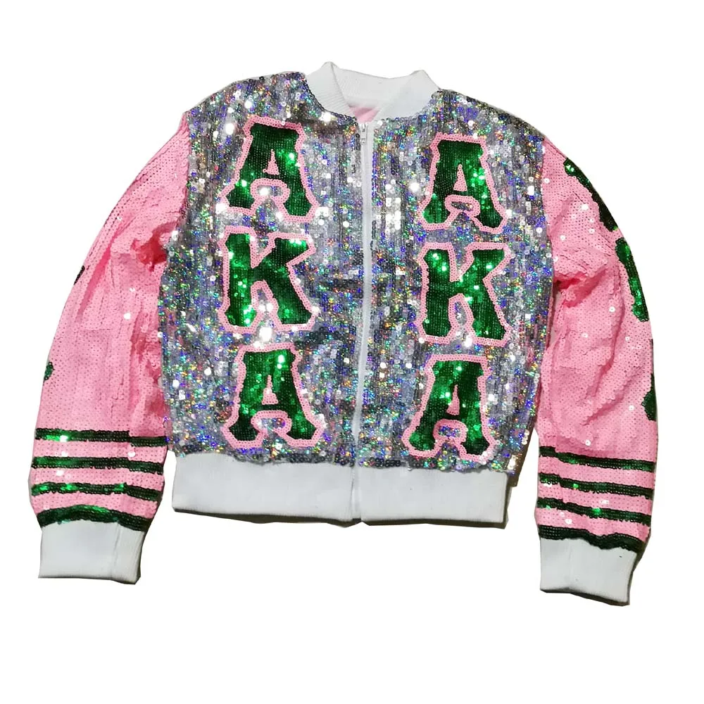 Jacket Футболка с блестками и круглым вырезом Вечерние клубный верх свободная одежда розовый и зеленый цвета Alpha Kapp Alpha AKA с буквенным принтом, футболка с блестками - Цвет: Jacket