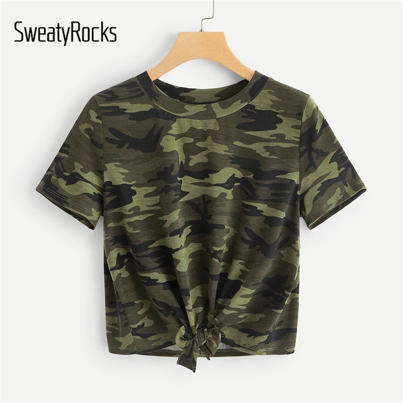 SweatyRocks армейский зеленый узел спереди камуфляжная Футболка стильная футболка летняя повседневная с коротким рукавом Уличная одежда женские футболки и топы