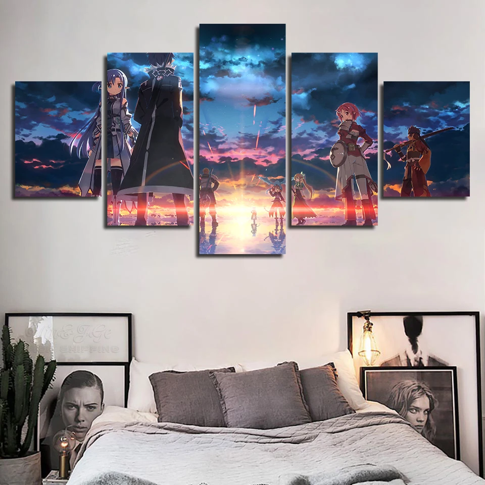 Холстная живопись Модульное искусство на стену Домашний декор Картины 5 кусков Меч Онлайн Современный печатный постер Прикроватный фон Рамка.