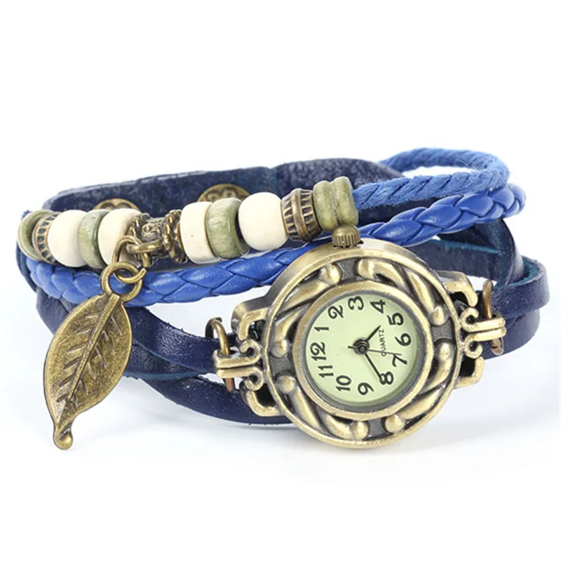* Relojes милые женские цифровые Тканые часы с листьями кожаный браслет кварцевые