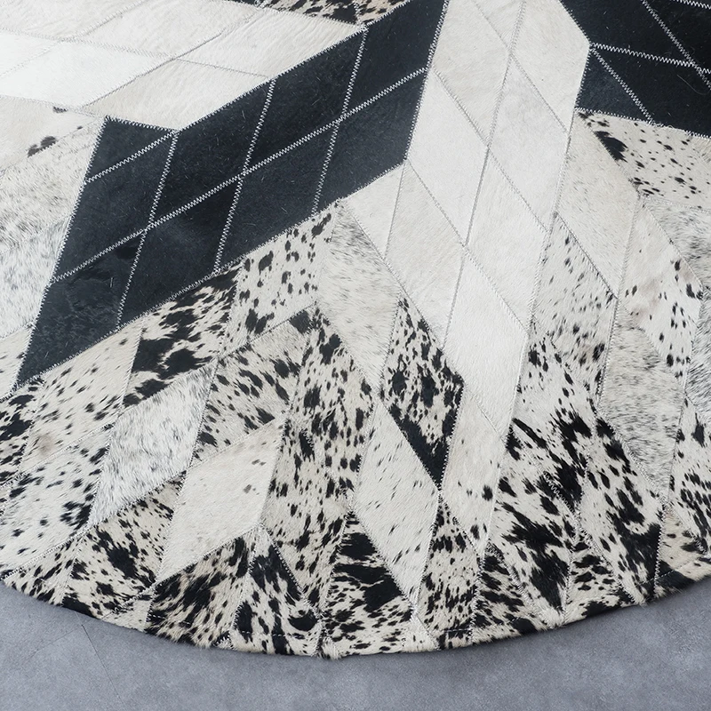 저렴한 럭셔리 소가죽 솔기 깔개 진짜 천연 소가죽 라운드 카펫 흑백 혼합 거실 침실 장식 그라운드 매트