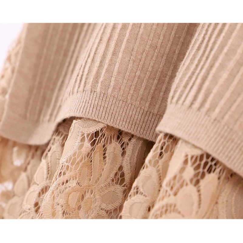 

Autumn Winter Knit Lace Splice Dress Women Pullover Sweaters Long sleeve Solid color Bottoming Dresses Female Spring Sweaters