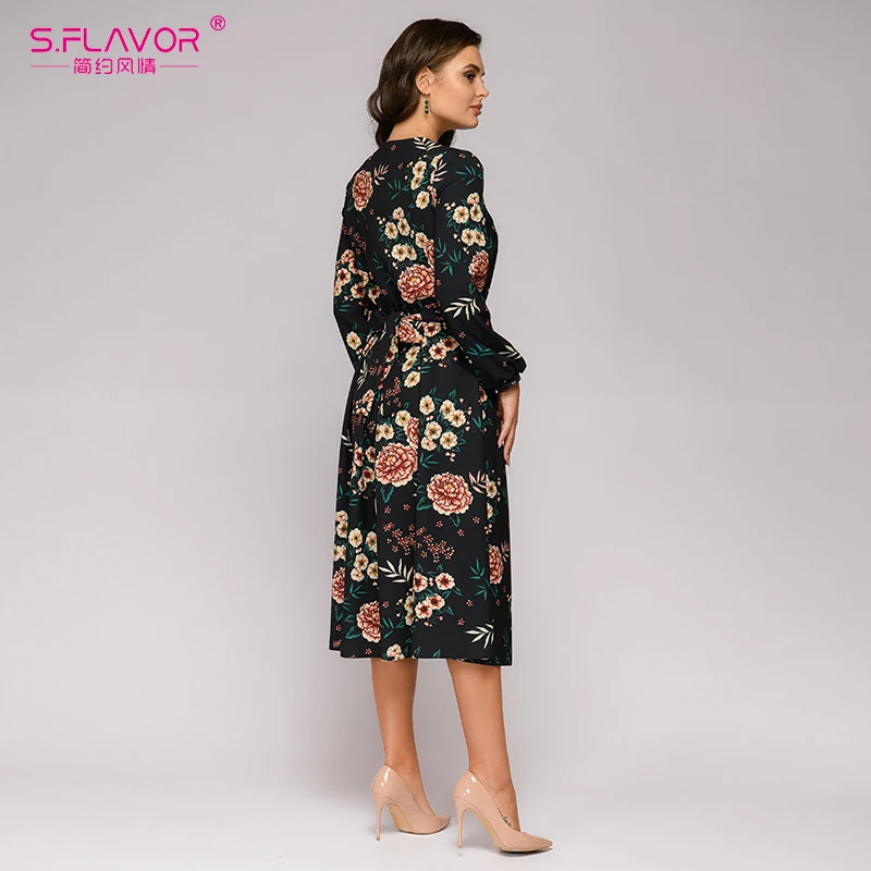 S.FLAVOR Women Printing V neck A line Dress Elegant Long Sleeve Spring Summer Vintage Midi Vestidos|Женские платья| |