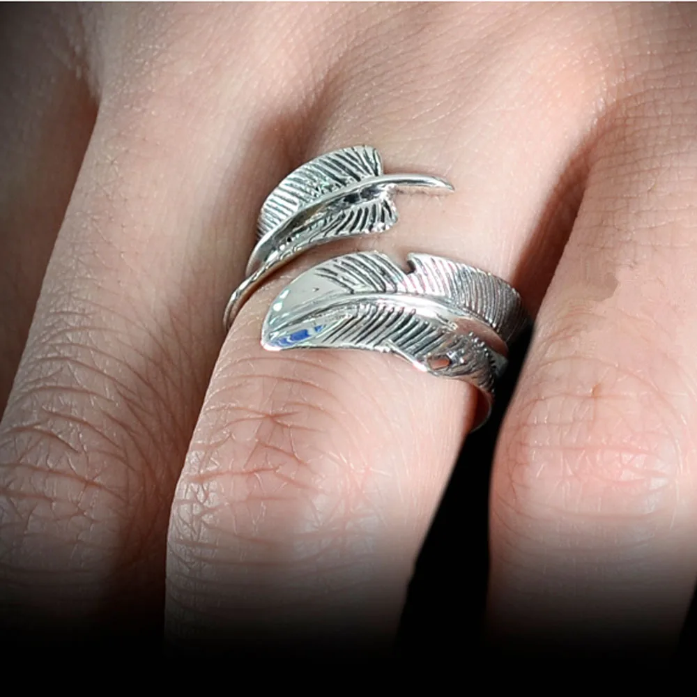 Нефрита ангела 925 серебро перо кольцо Винтаж шлейфа Регулируемая открытие Для