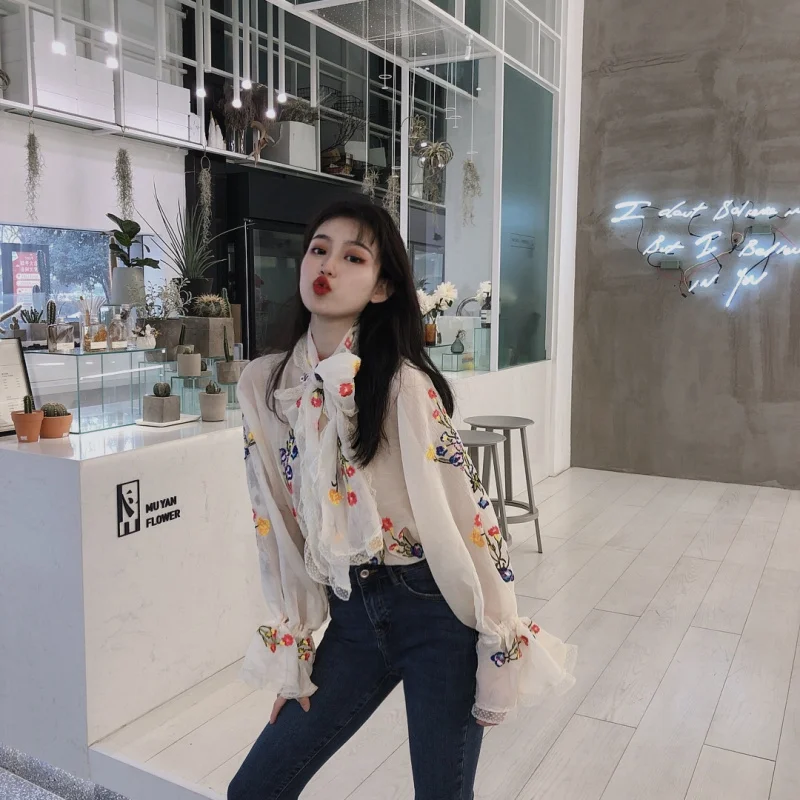 Винтажная шикарная Женская одежда с вышивкой корейские блузки шифон