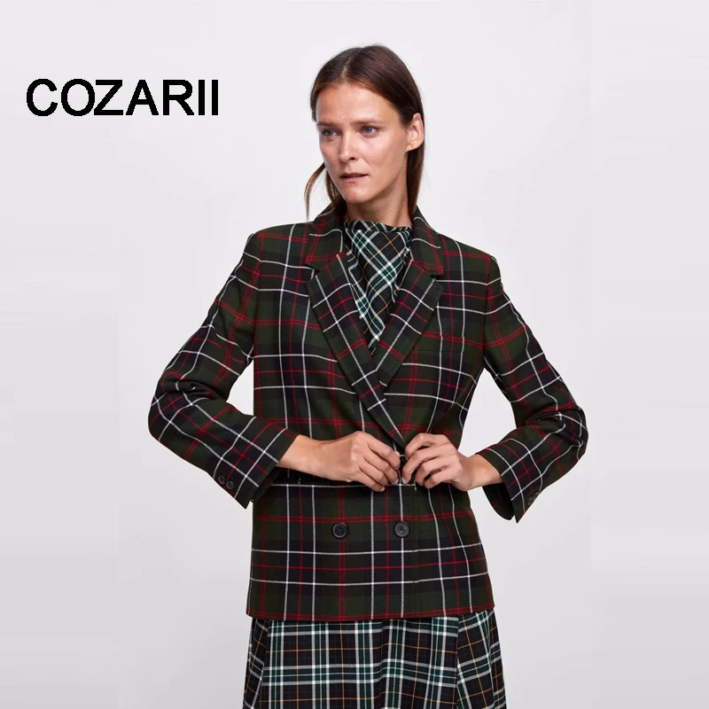 COZARII, casaco feminino, блейзеры, английский стиль, в клетку, в полоску, двубортные, для женщин, Бомберы, блейзеры, куртки размера плюс, топы