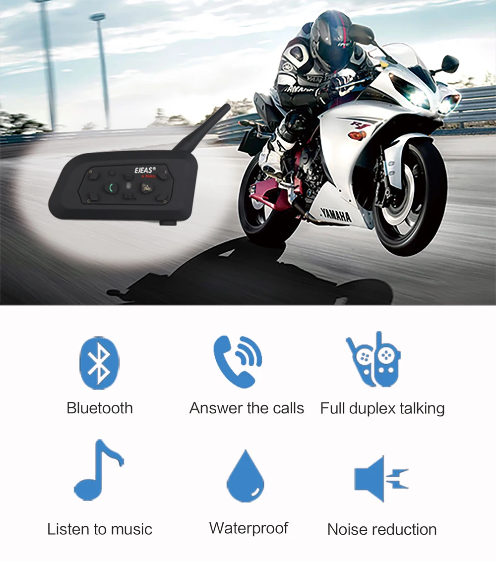 2Pcs EJEAS V6 Pro Intercom Motorcycle Helmet Intercomunicador Bluetooth Headset 6 Riders 1200M Wireless BT Interphone |