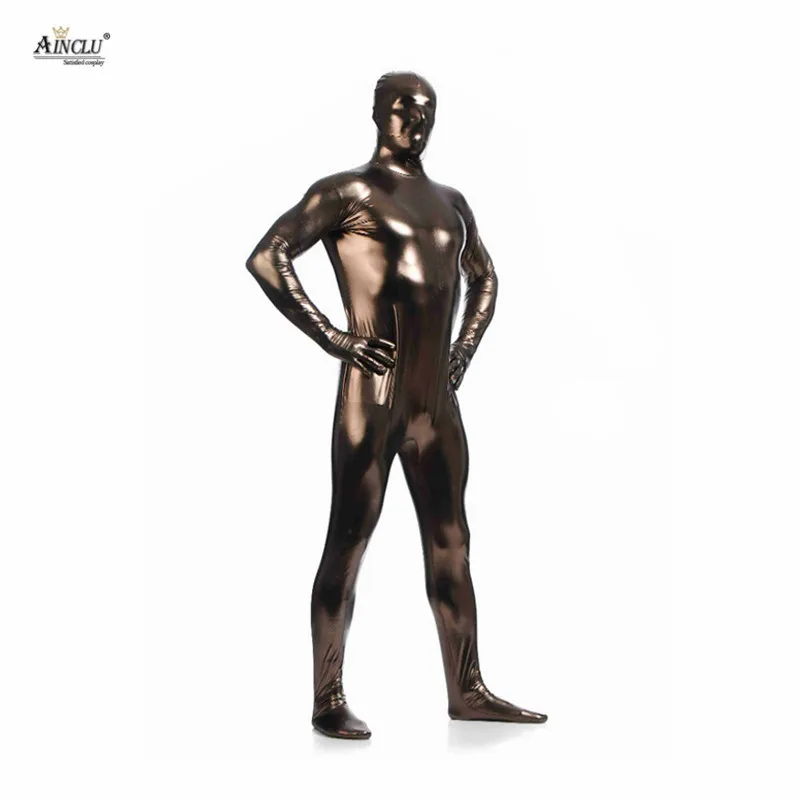 Ainclu цельнокроеный коричневый клей металлик Zentai для хеллоуина Блестящий спандекс