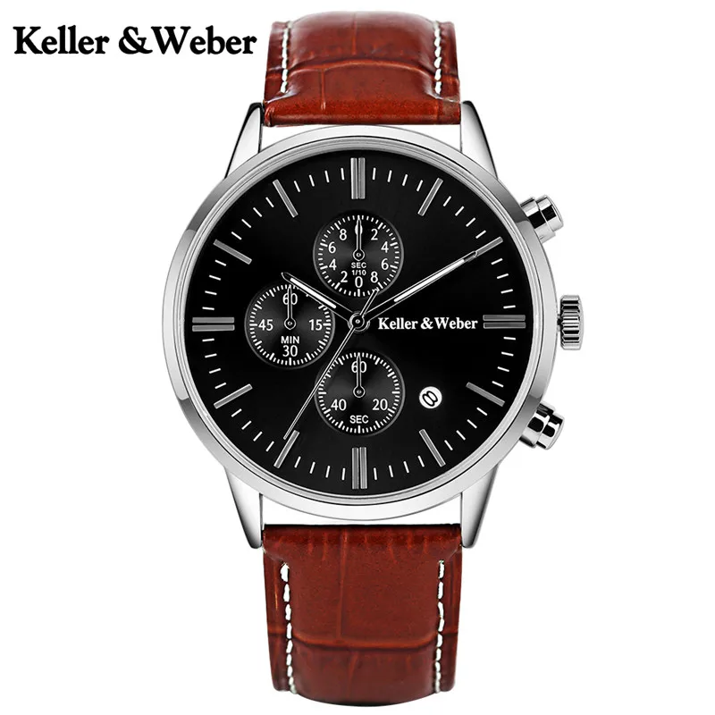 Keller & Weber 30ATM водонепроницаемые наручные часы классические из натуральной кожи