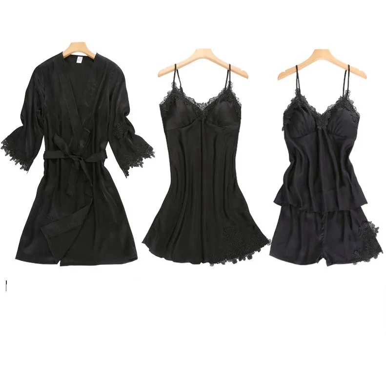 

Ladies Summer Ice Sleepwear Suspender Short Pants Brassiere Sexy night gown Four-piece Women Sexy Pyjamas Home Suit Pijama Mujer