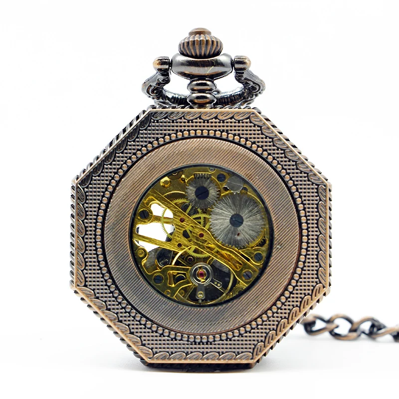 High Quality Antique Octagon Numbers Hand-Winding Skeleton Mechanical Pocket Watch Necklace Gift PJX1269