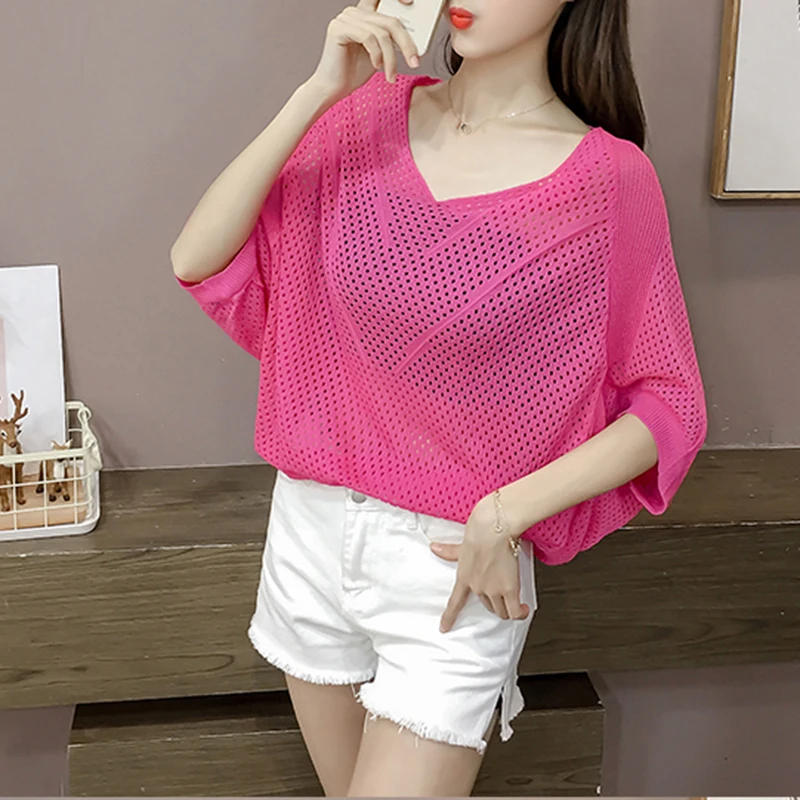 Женский трикотажный топ с V образным вырезом рукавом летучая мышь|Футболки| |