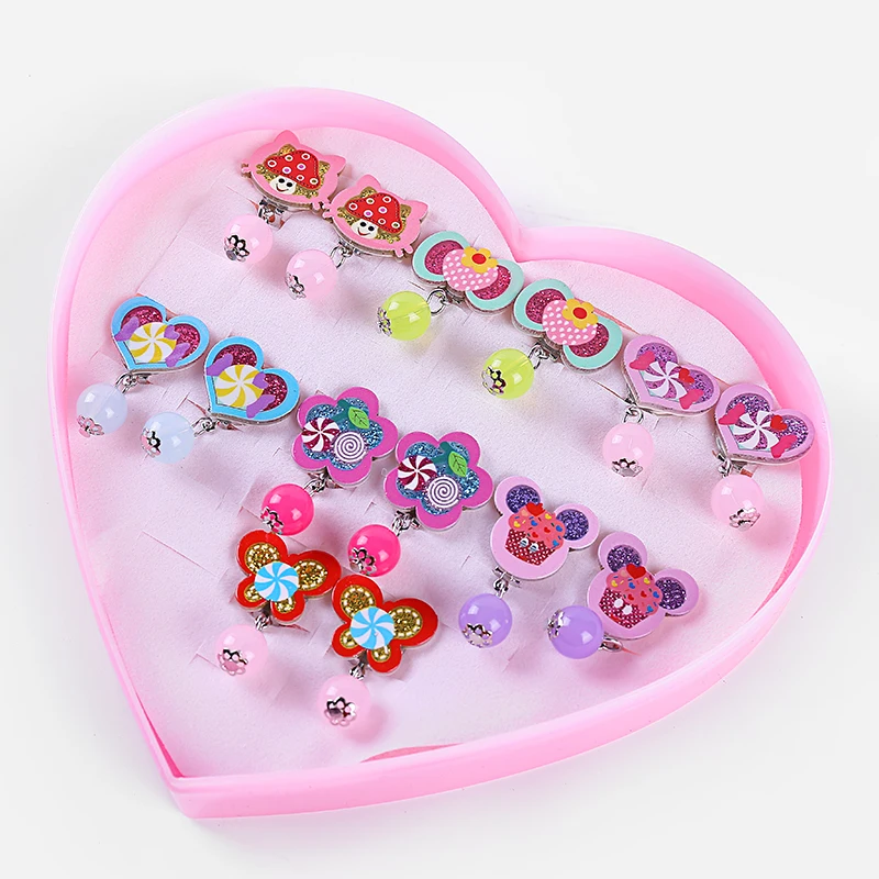 7 пар детских сережек крашеный цветок-shaped heart-shaped animal милые жемчужные серьги женские серьги клипсы