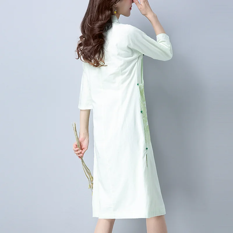 KYMAKUTU Three Quarter Sleeve Autumn Vestidos Stand Collar Chinese Style Button Dresses Split Elegant Print Cotton Linen Dress | Женская