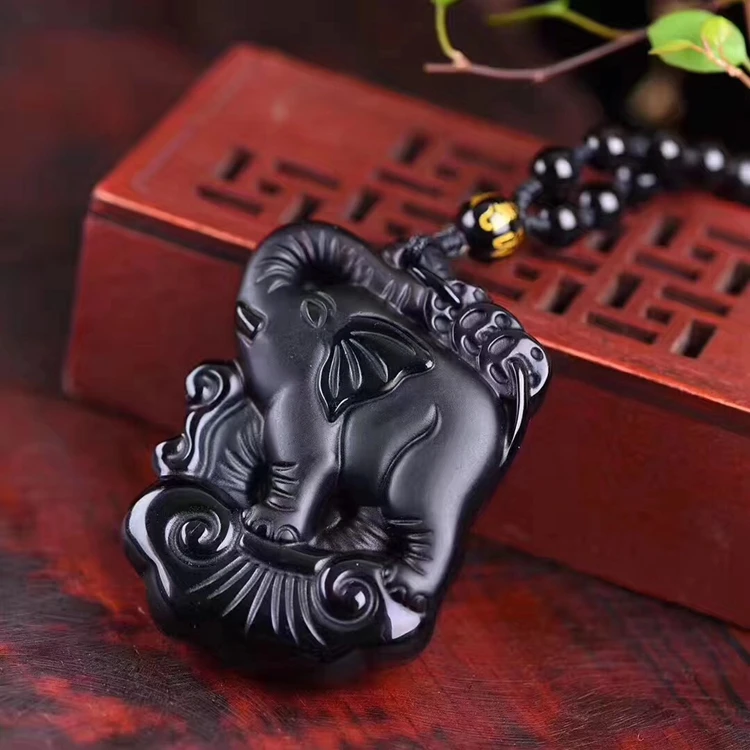 Прямая поставка ожерелье из черного обсидиана с подвеской Ganesha кулон мужские