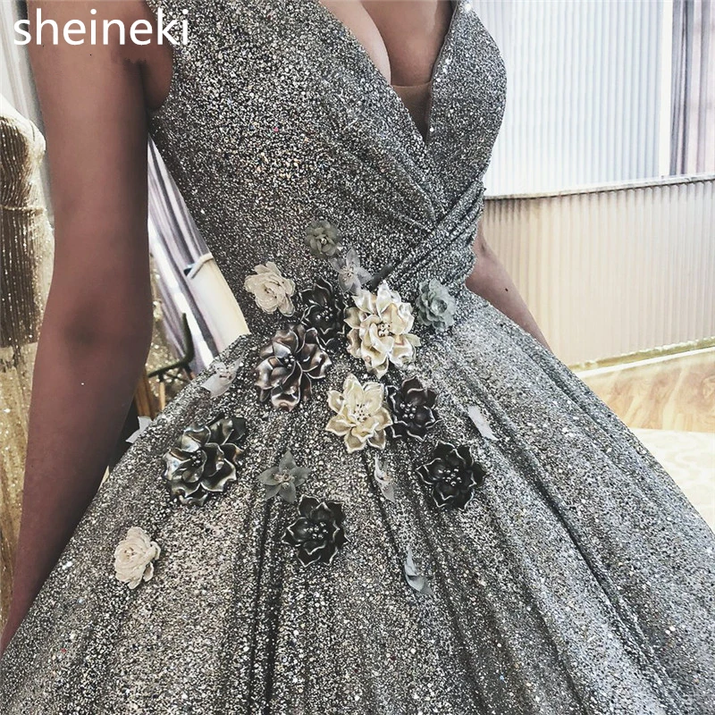 Sparkly African Evening Dresses 2019 Dubai Turkish Arabic V Neck Pageant Dress Glitter Formal Prom Gowns Robe de soiree