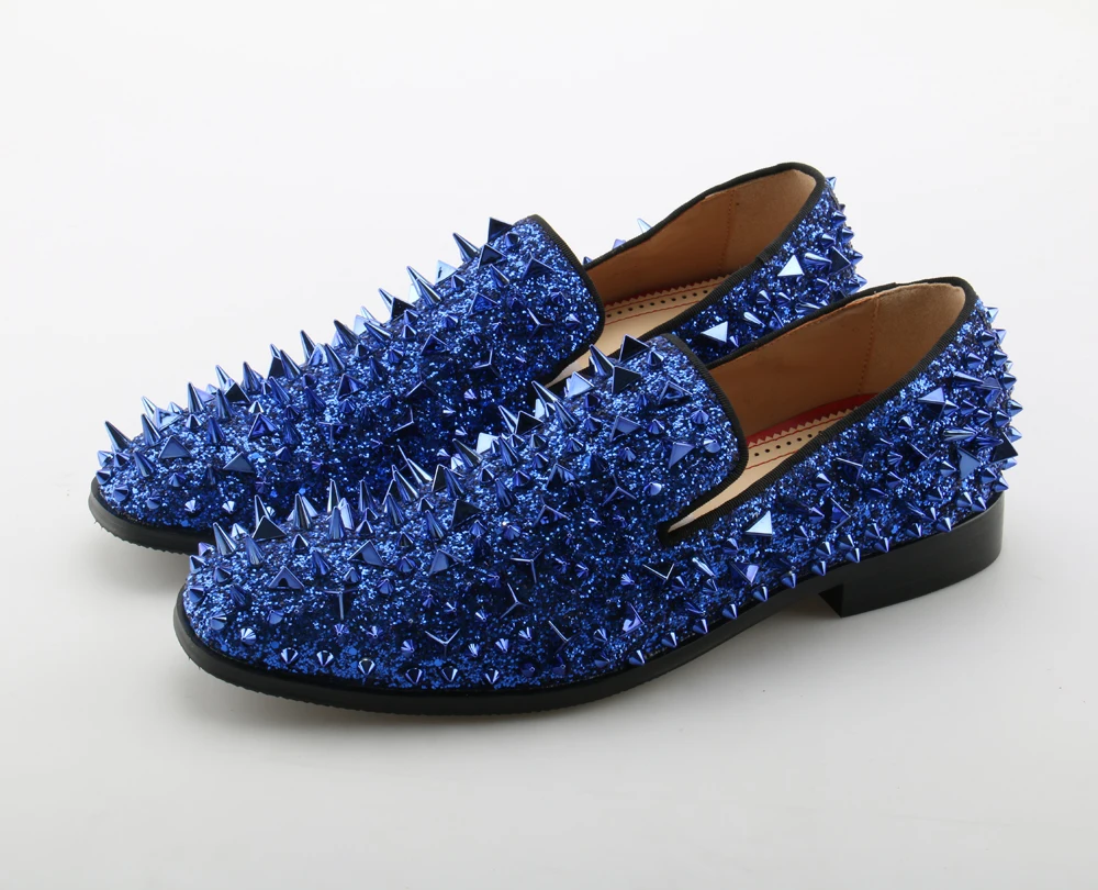 

gold black blue spiked loafers gold dress shoes men leather rivets slip on wedding designer shoes zapatos hombre vestir brogues