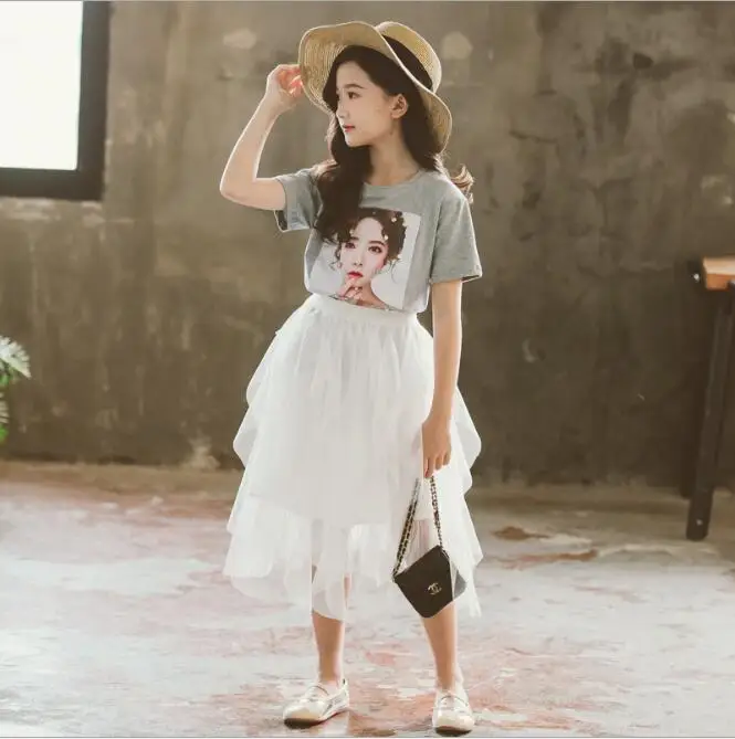 Комплект для девочек лето 2019 хлопковая Футболка подростков + юбка миди комплект