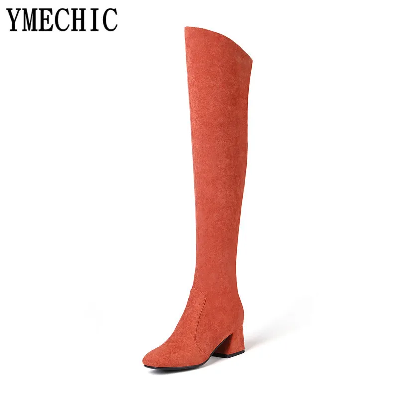 YMECHIC/2018 Замшевые женские Сапоги выше колена из флока сапоги на высоком массивном