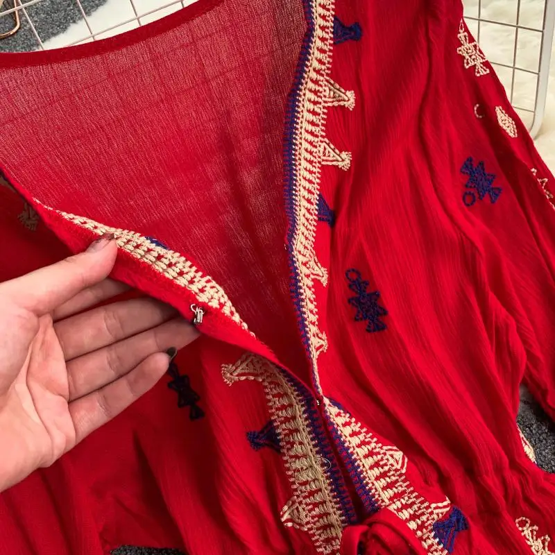 Женское пляжное платье макси с цветочной вышивкой длинное шифоновое в стиле бохо