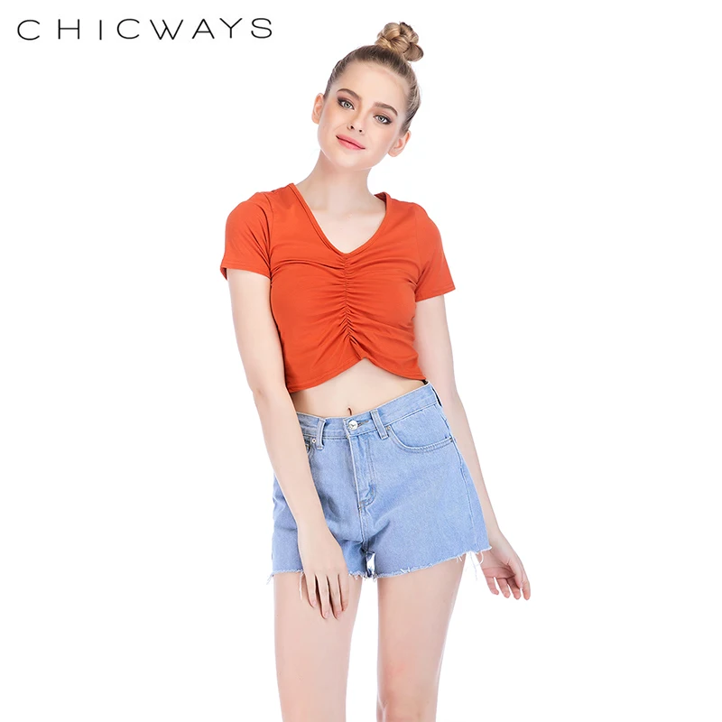 Chicways Женская мода футболка Sexy v-образным вырезом Ruched летняя с коротким рукавом