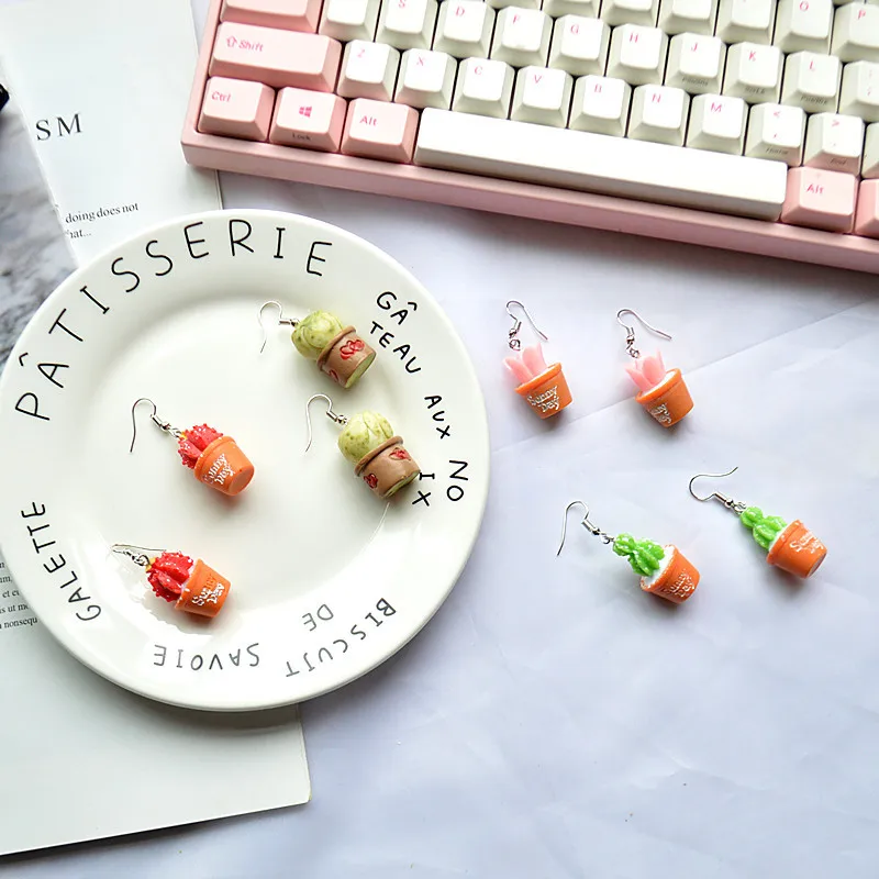 Korean Harajuku Cartoon Potted Earrings Resin Lovely Flowerpot Jewelry Summer Holiday Party Gift Cactus | Украшения и аксессуары