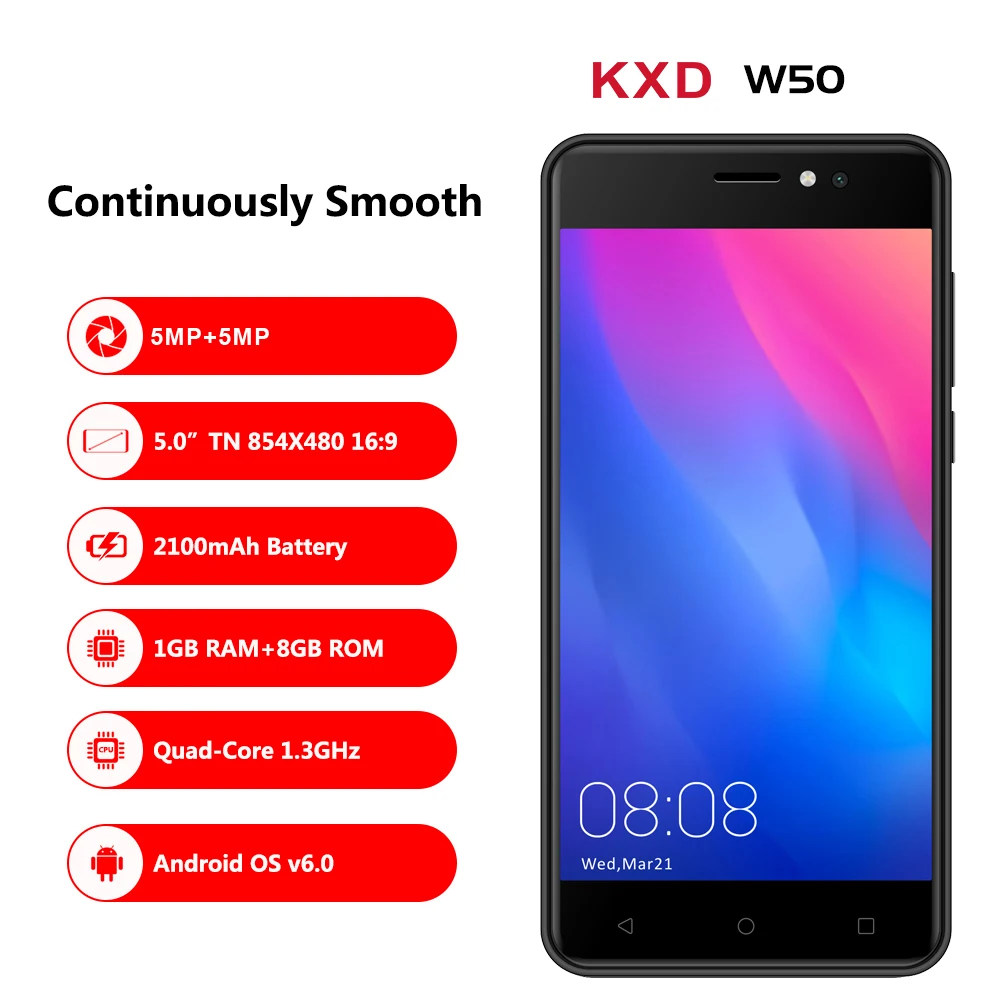 Оригинальный KXD KENXINDA W50 ОЗУ 1 Гб ПЗУ 8 Смартфон 5 0 ''Android 6 MTK6580 четырехъядерный
