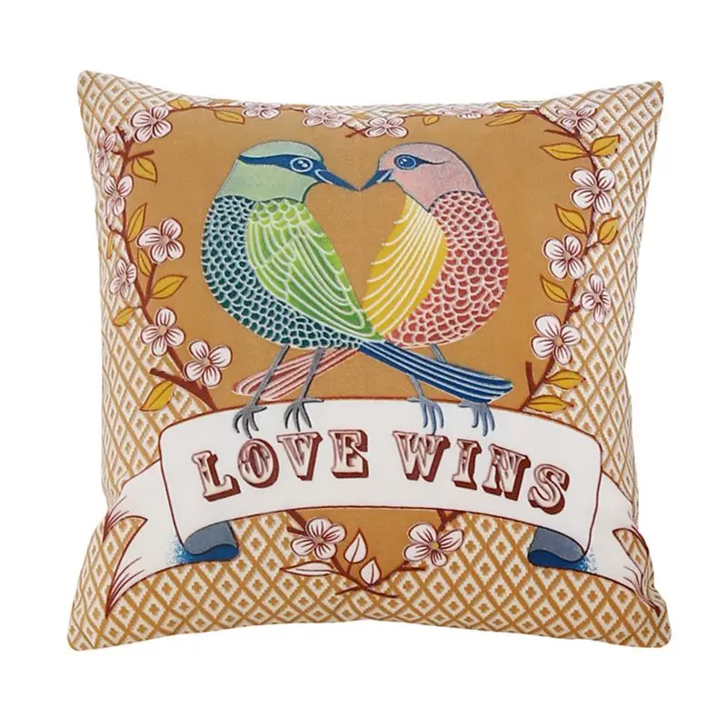 Подушка с принтом в виде птицы Love Wins из хлопка и льна квадратная подушка