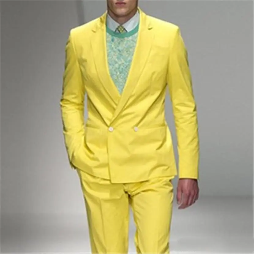 

New Fashion Double Breasted Yellow Groom Tuxedos Groomsmen Notch Lapel Mens Suits Blazers (Jacket+Pants+Tie) W:812
