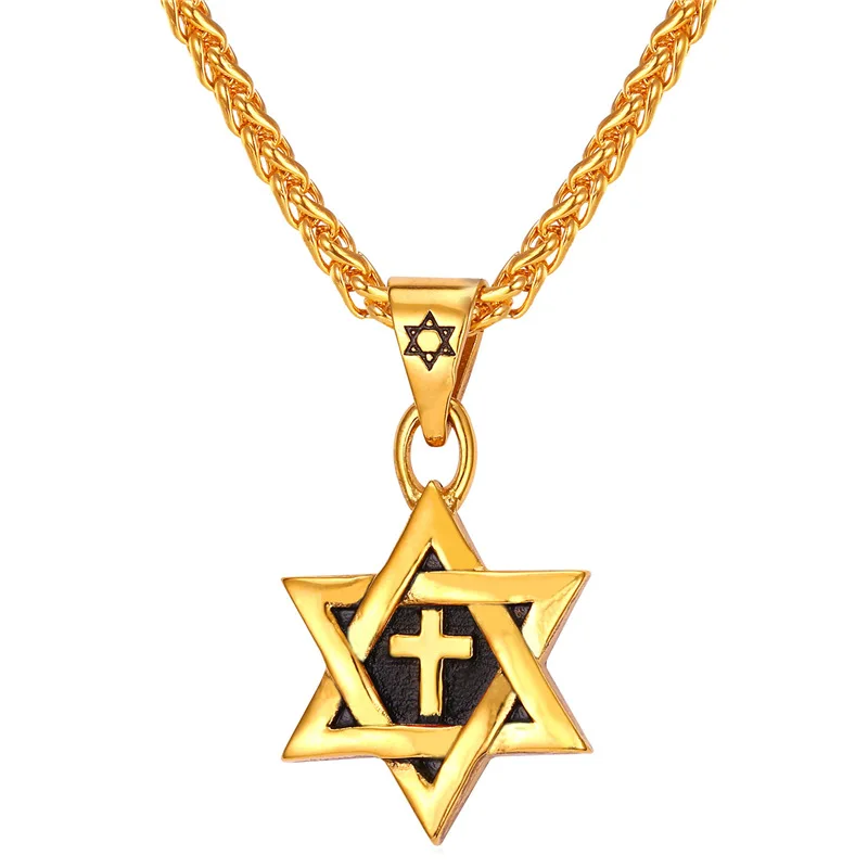 

Star of David Cross Pendant Charm Necklaces Jewish Jewelry Women Men Jewelry Stainless Steel Gold Color Necklaces Pendants P002