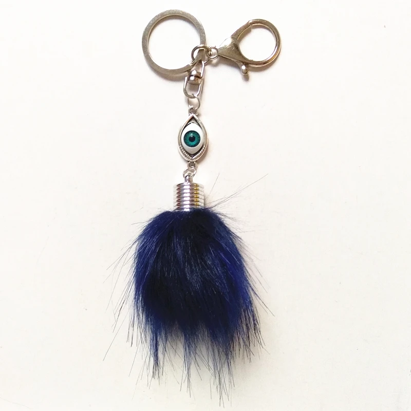 Искусственный мех енота помпон брелок для ключей из цинкового сплава с голубыми