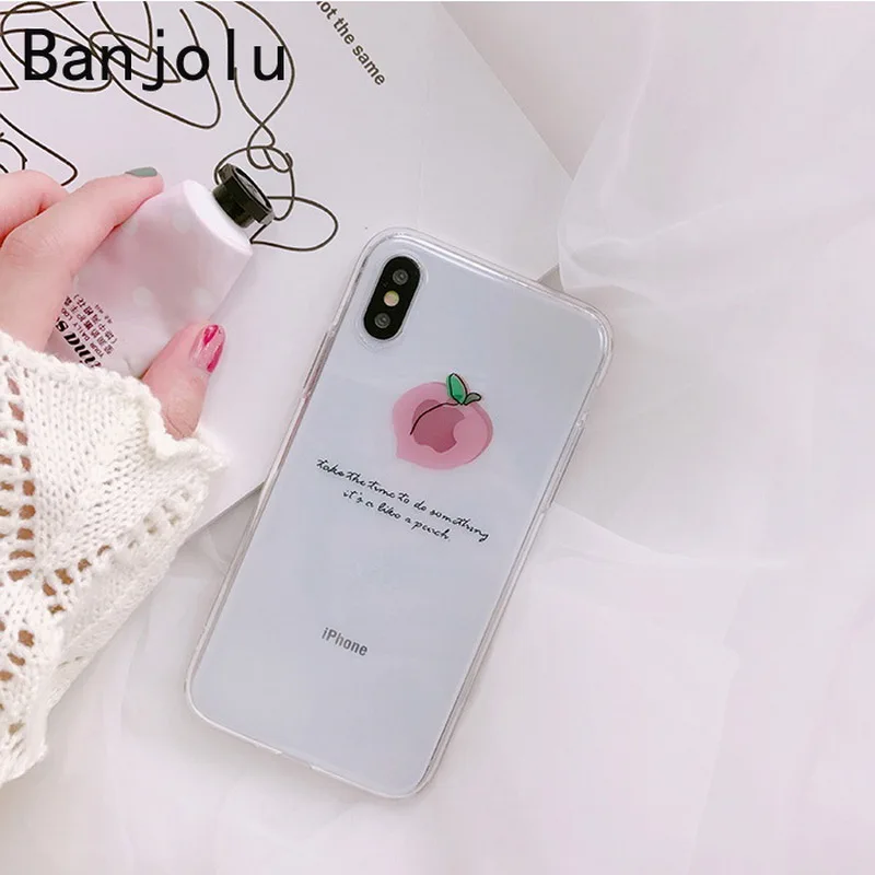 Banjolu New Candy Cute Transparent Stylish Pink Peach Phone Case for iPhone X 7 8 Plus 6 6s Soft TPU Cover Back |