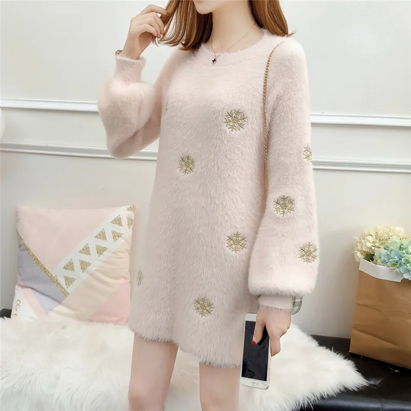 Autumn New Sweater Women O-Neck Pullover Imitation Velvet Long Loose Snowflake Embroidered Lantern Sleeve Knitted MZ3155 |